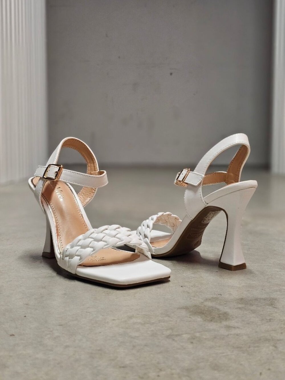 White Braided Strap High Heel Sandals With Square Toe & Adjustable Buckle Closur - Picture 2 of 16